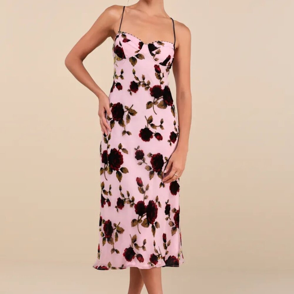 Rare London Blissful Date Pink Floral Velvet Burnout Lace-Up Midi Dress, NWOT XS